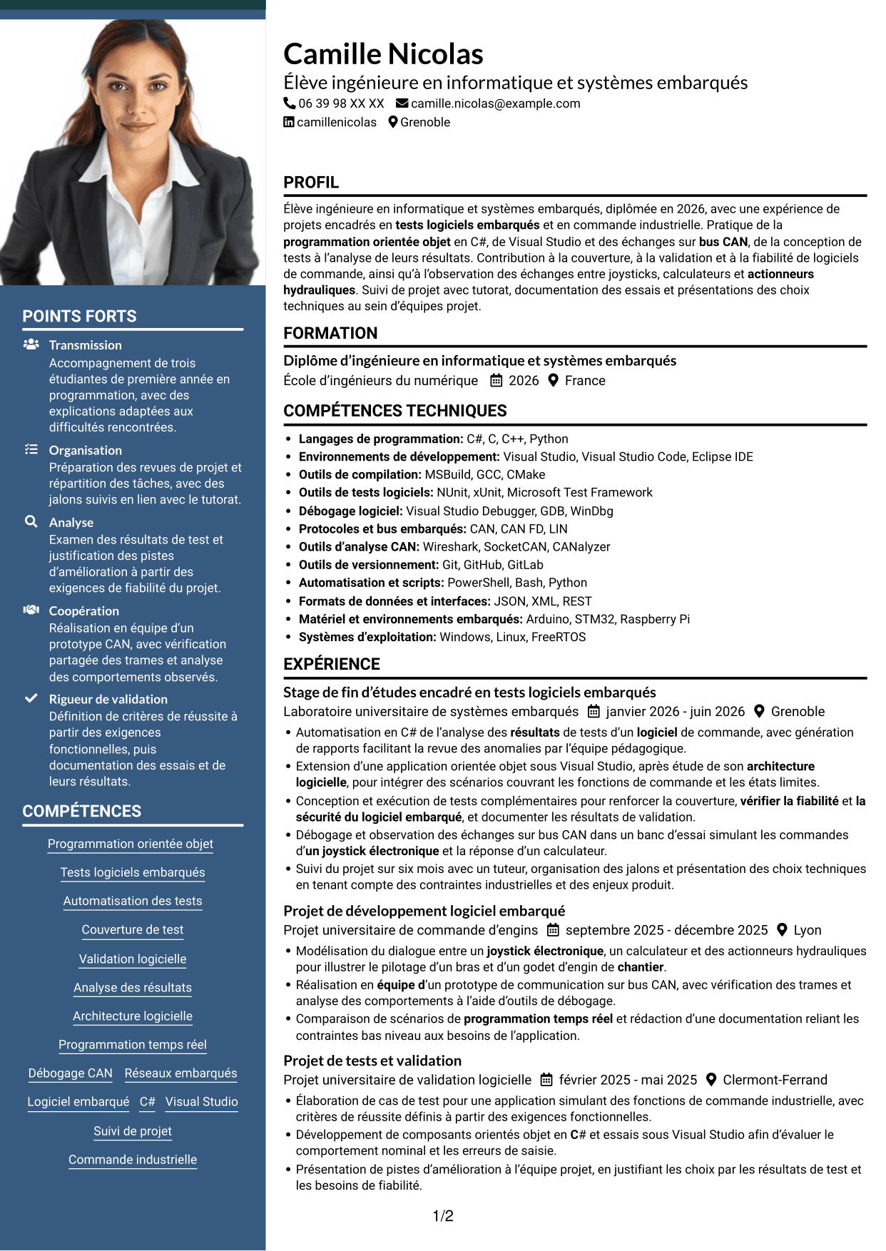 CV Signature (format à colonne latérale colorée avec grande photo) : Stagiaire ingénieure développement logiciel embarqué - Tests automatisés, page 1