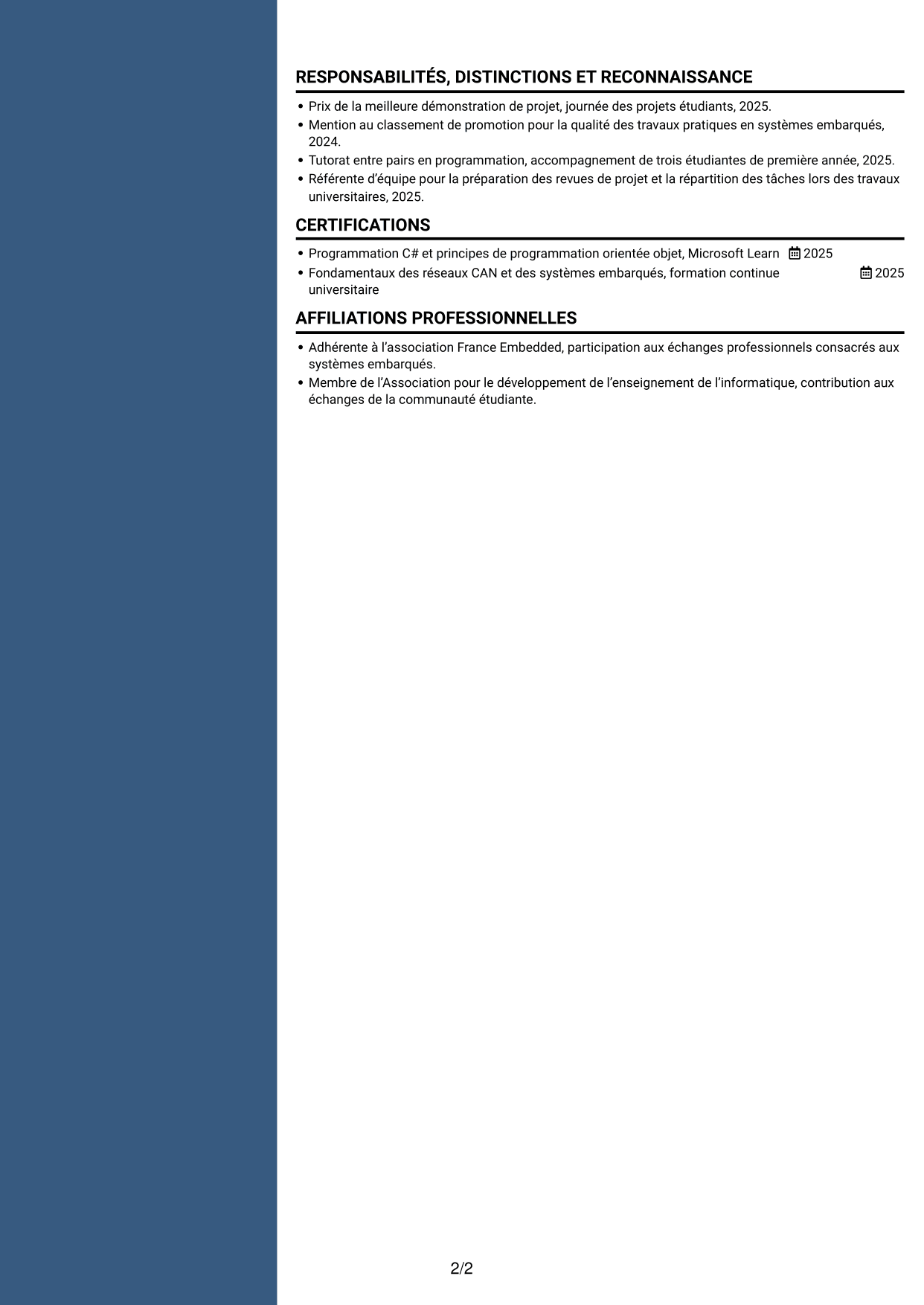 CV Signature (format à colonne latérale colorée avec grande photo) : Stagiaire ingénieure développement logiciel embarqué - Tests automatisés, page 2