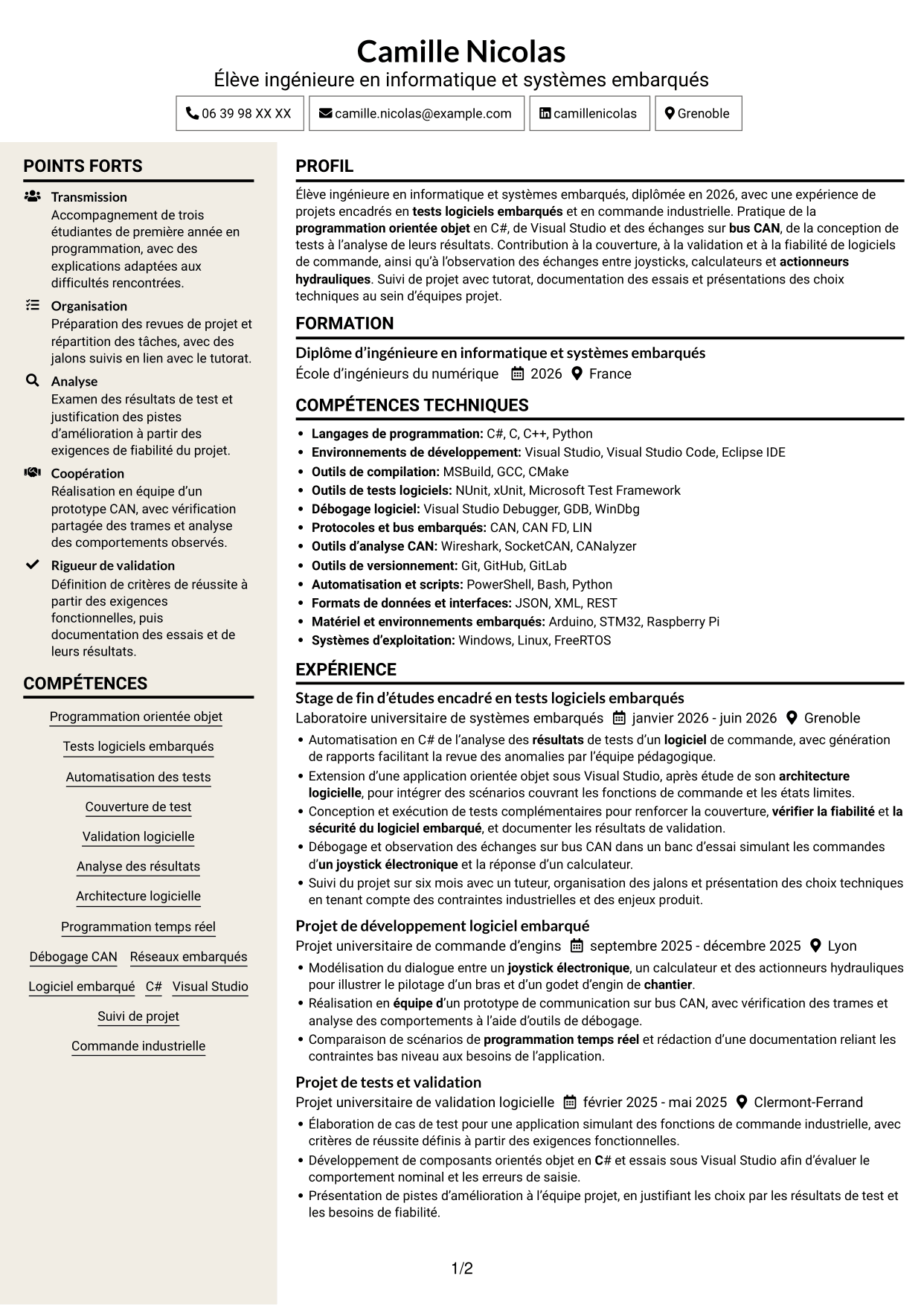 CV Fonceur (format à deux colonnes avec en-tête centré sans photo) : Stagiaire ingénieure développement logiciel embarqué - Tests automatisés, page 1