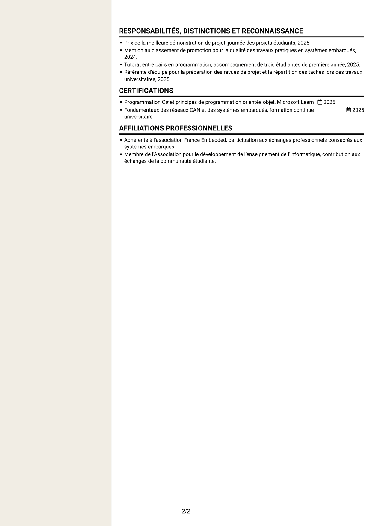 CV Fonceur (format à deux colonnes avec en-tête centré sans photo) : Stagiaire ingénieure développement logiciel embarqué - Tests automatisés, page 2