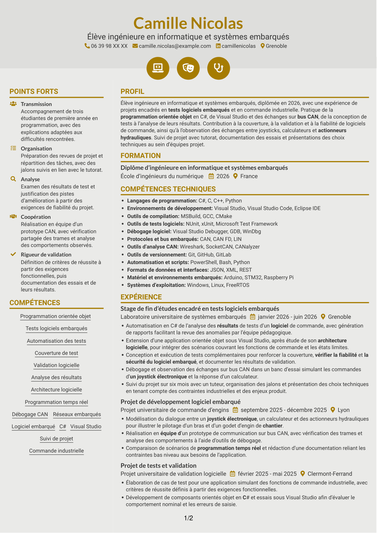 CV Dynamique (format à deux colonnes avec icônes) : Stagiaire ingénieure développement logiciel embarqué - Tests automatisés, page 1