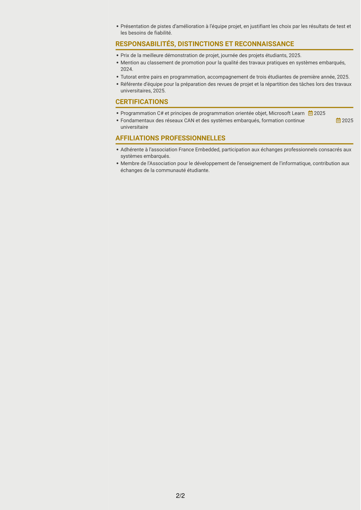 CV Dynamique (format à deux colonnes avec icônes) : Stagiaire ingénieure développement logiciel embarqué - Tests automatisés, page 2