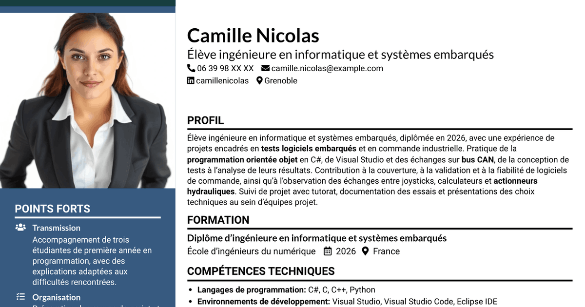 7 modèles de CV pour Stagiaire ingénieure développement logiciel embarqué - Tests automatisés, avec exemples