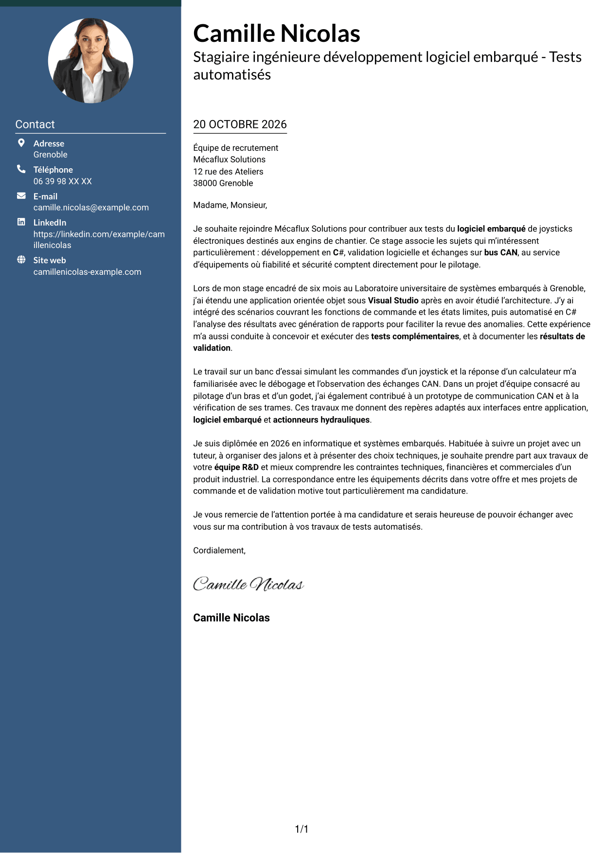 Lettre de motivation Élégant (format à colonne latérale colorée avec photo) : Stagiaire ingénieure développement logiciel embarqué - Tests automatisés, page 1