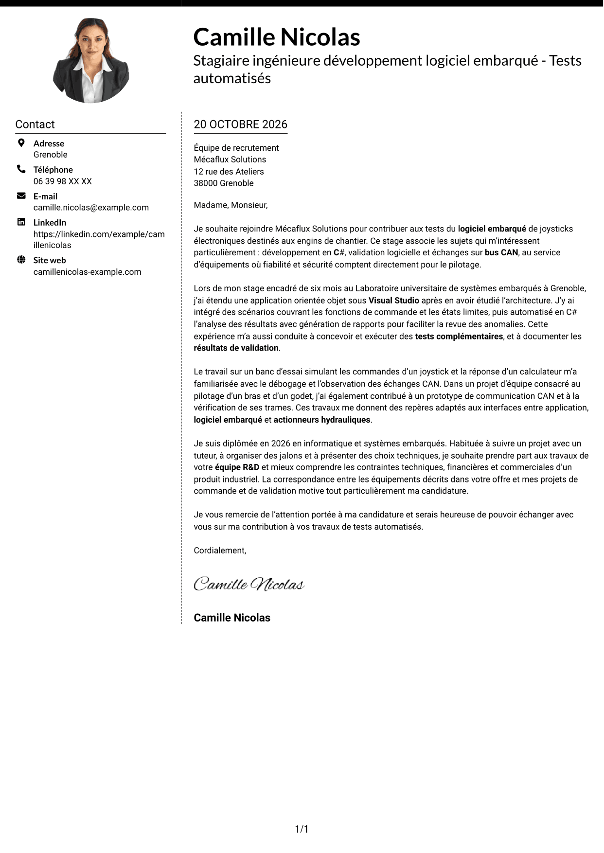 Lettre de motivation Moderne (format à deux colonnes avec photo à gauche et séparateur) : Stagiaire ingénieure développement logiciel embarqué - Tests automatisés, page 1