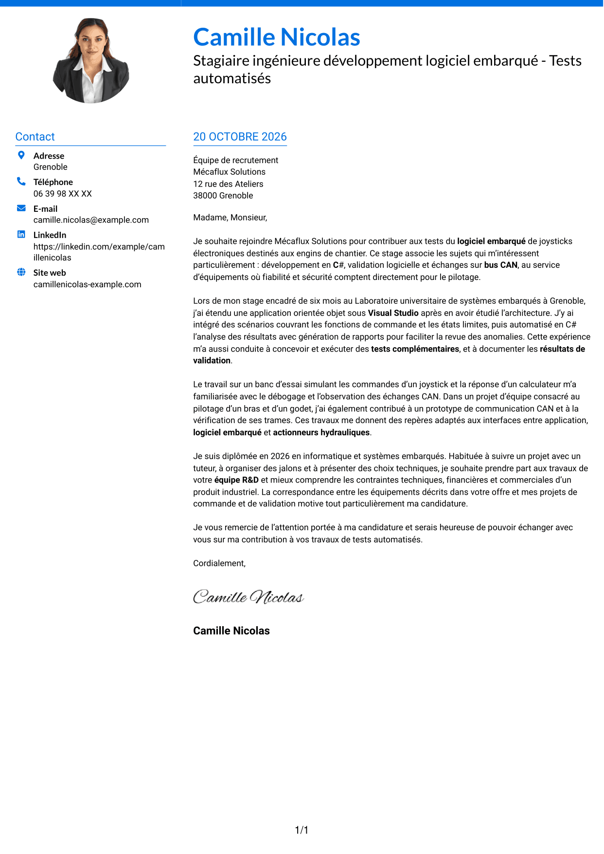 Lettre de motivation Audacieux (format à deux colonnes avec accents colorés et photo) : Stagiaire ingénieure développement logiciel embarqué - Tests automatisés, page 1