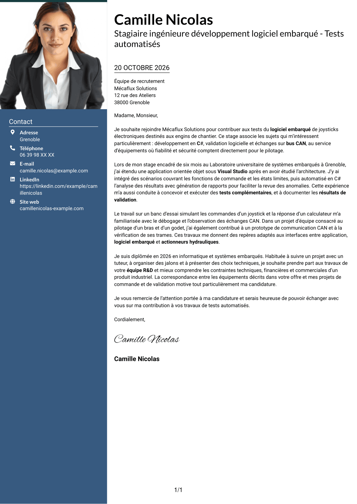 Lettre de motivation Signature (format à colonne latérale colorée avec grande photo) : Stagiaire ingénieure développement logiciel embarqué - Tests automatisés, page 1
