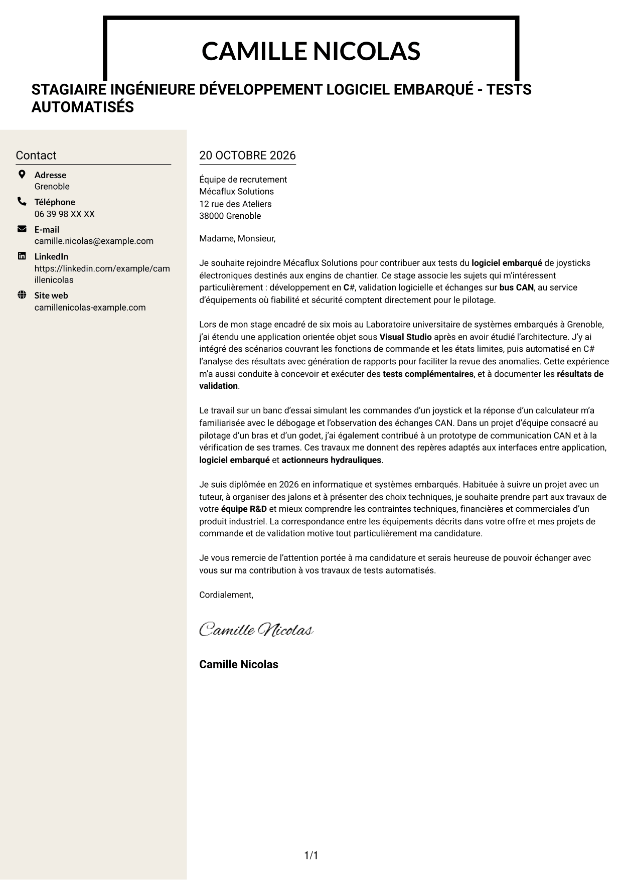 Lettre de motivation Fonceur (format à deux colonnes avec en-tête centré sans photo) : Stagiaire ingénieure développement logiciel embarqué - Tests automatisés, page 1