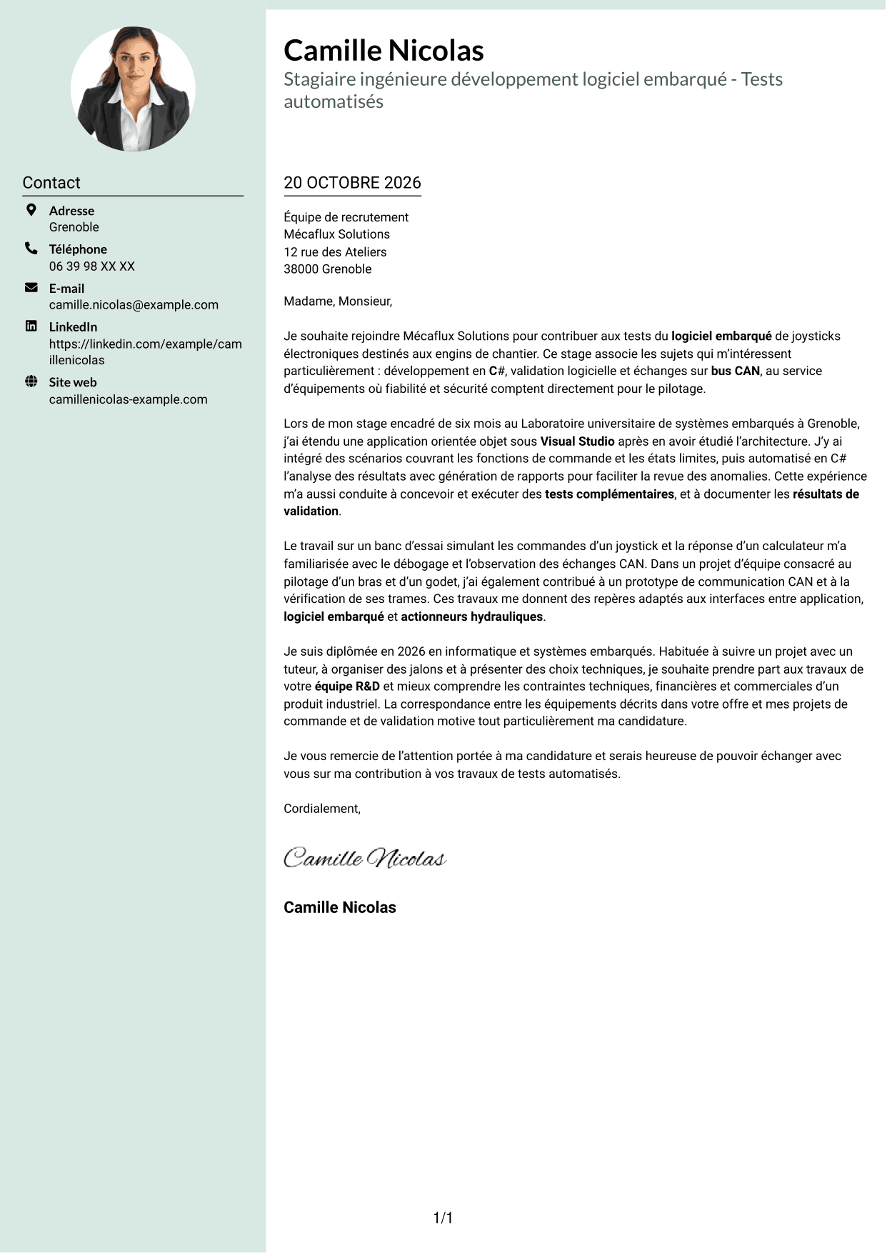 Lettre de motivation Cadre (format à colonne latérale douce avec photo arrondie) : Stagiaire ingénieure développement logiciel embarqué - Tests automatisés, page 1