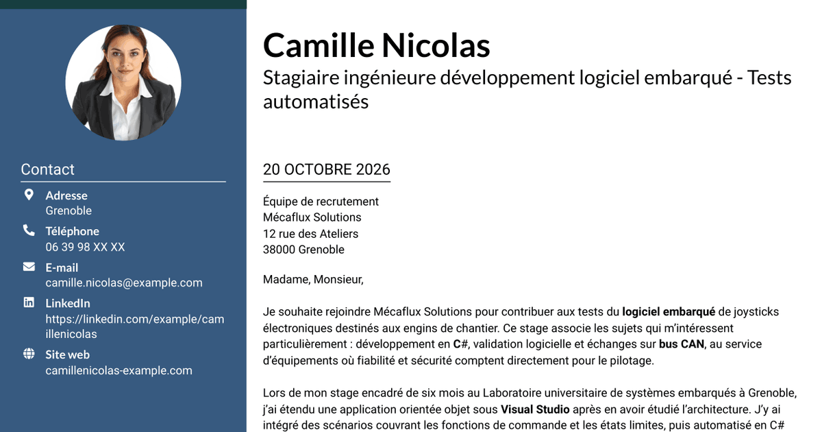 7 modèles de lettre de motivation pour Stagiaire ingénieure développement logiciel embarqué - Tests automatisés, avec exemples