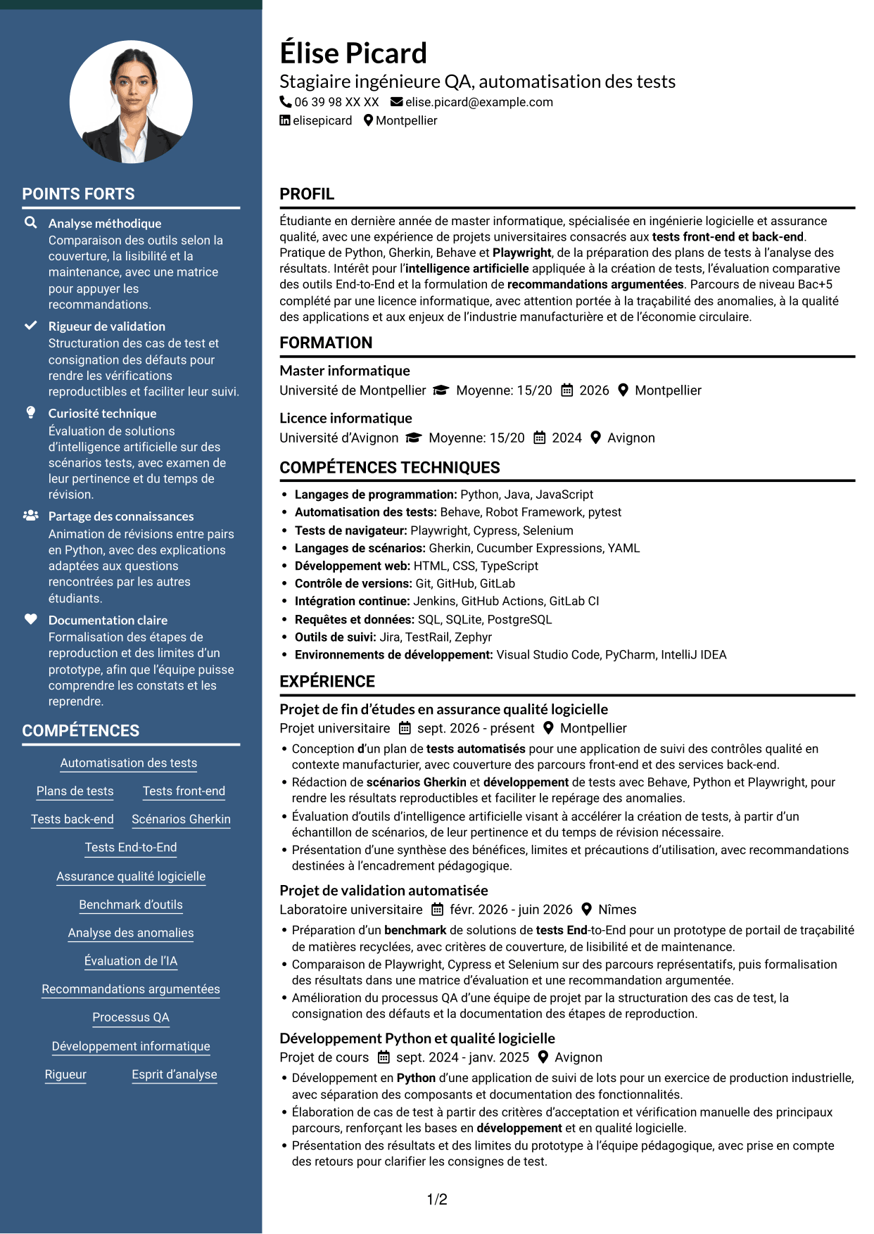 CV Élégant (format à colonne latérale colorée avec photo) : Stagiaire ingénieure QA - Automatisation des tests, page 1
