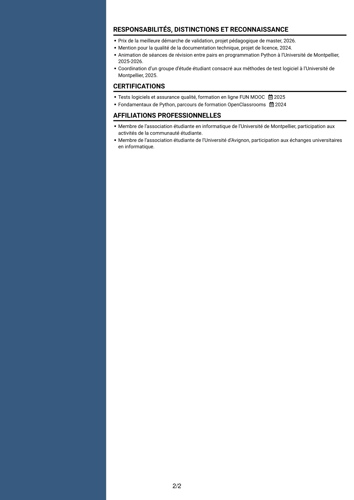 CV Élégant (format à colonne latérale colorée avec photo) : Stagiaire ingénieure QA - Automatisation des tests, page 2