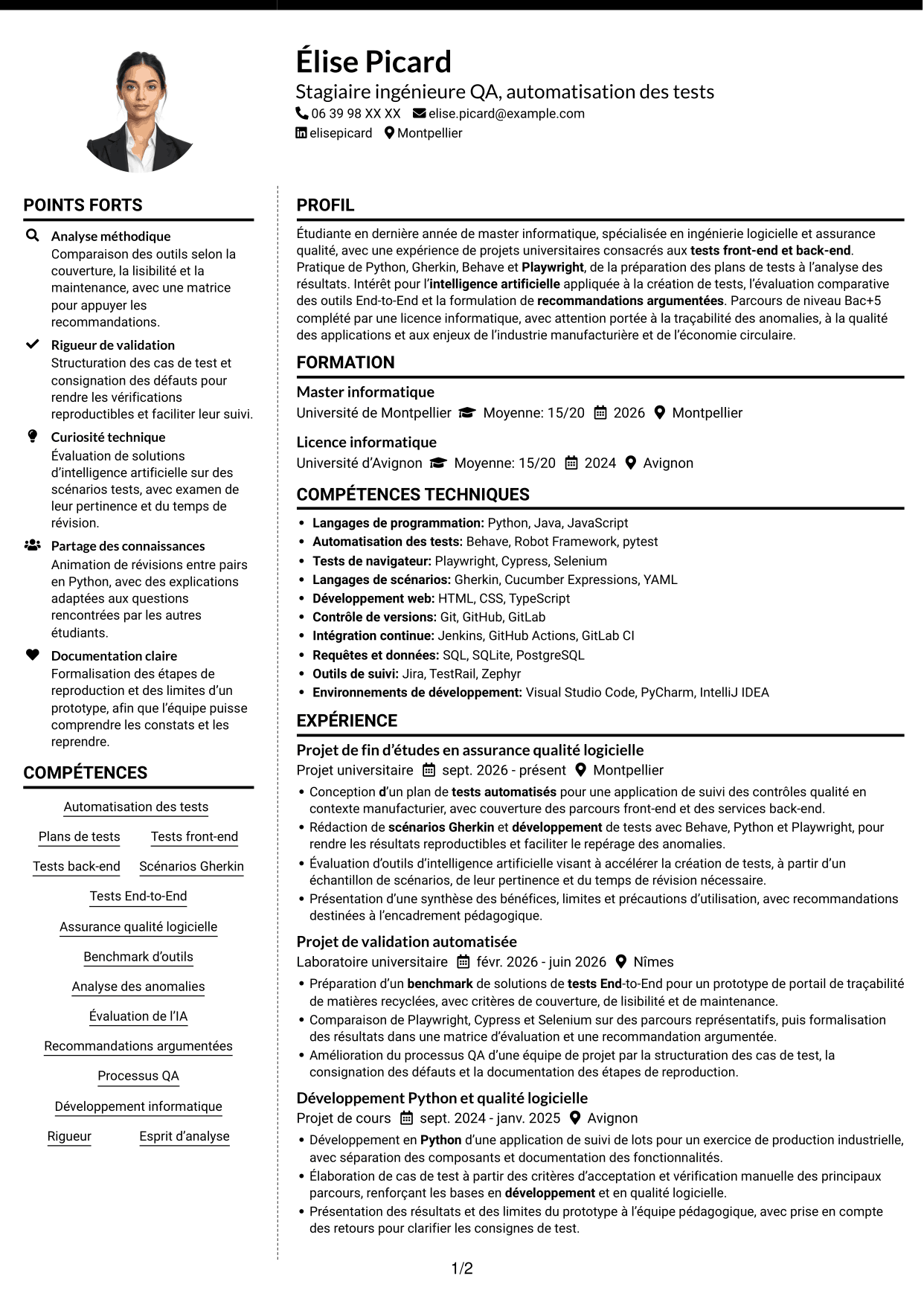 CV Moderne (format à deux colonnes avec photo à gauche et séparateur) : Stagiaire ingénieure QA - Automatisation des tests, page 1