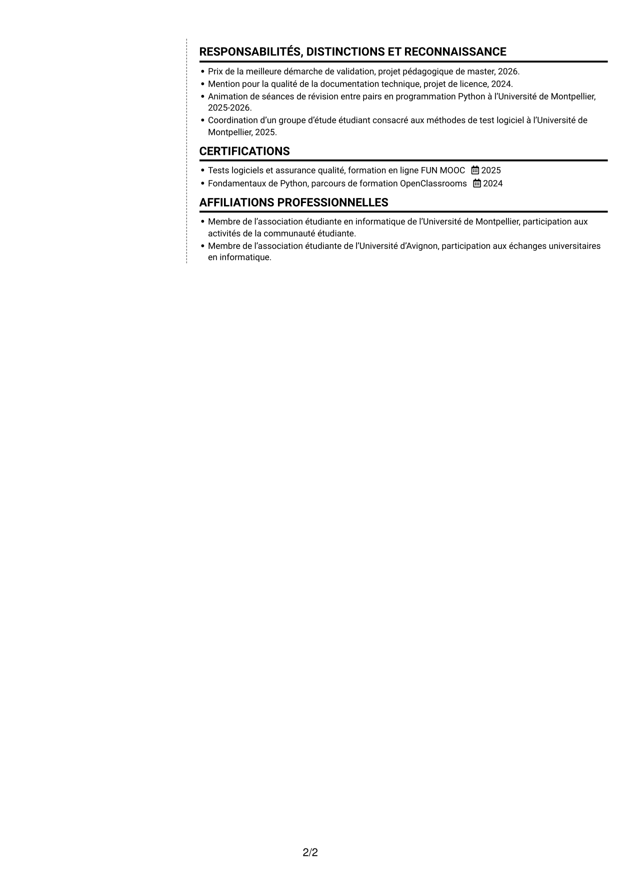CV Moderne (format à deux colonnes avec photo à gauche et séparateur) : Stagiaire ingénieure QA - Automatisation des tests, page 2