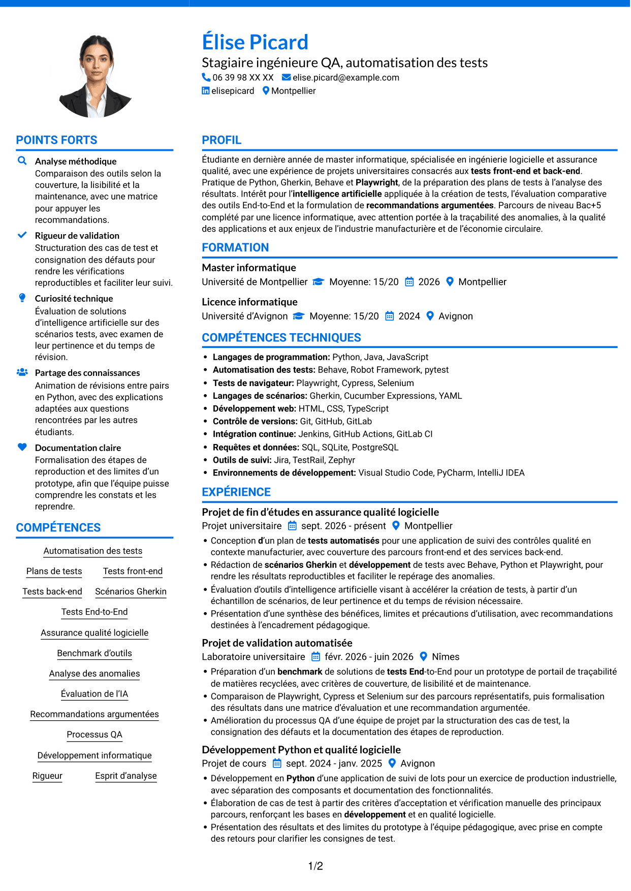 CV Audacieux (format à deux colonnes avec accents colorés et photo) : Stagiaire ingénieure QA - Automatisation des tests, page 1