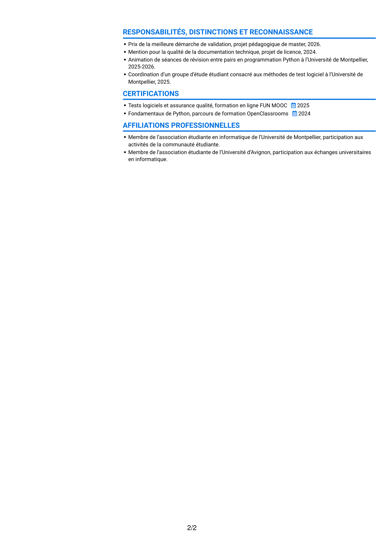 CV Audacieux (format à deux colonnes avec accents colorés et photo) : Stagiaire ingénieure QA - Automatisation des tests, page 2