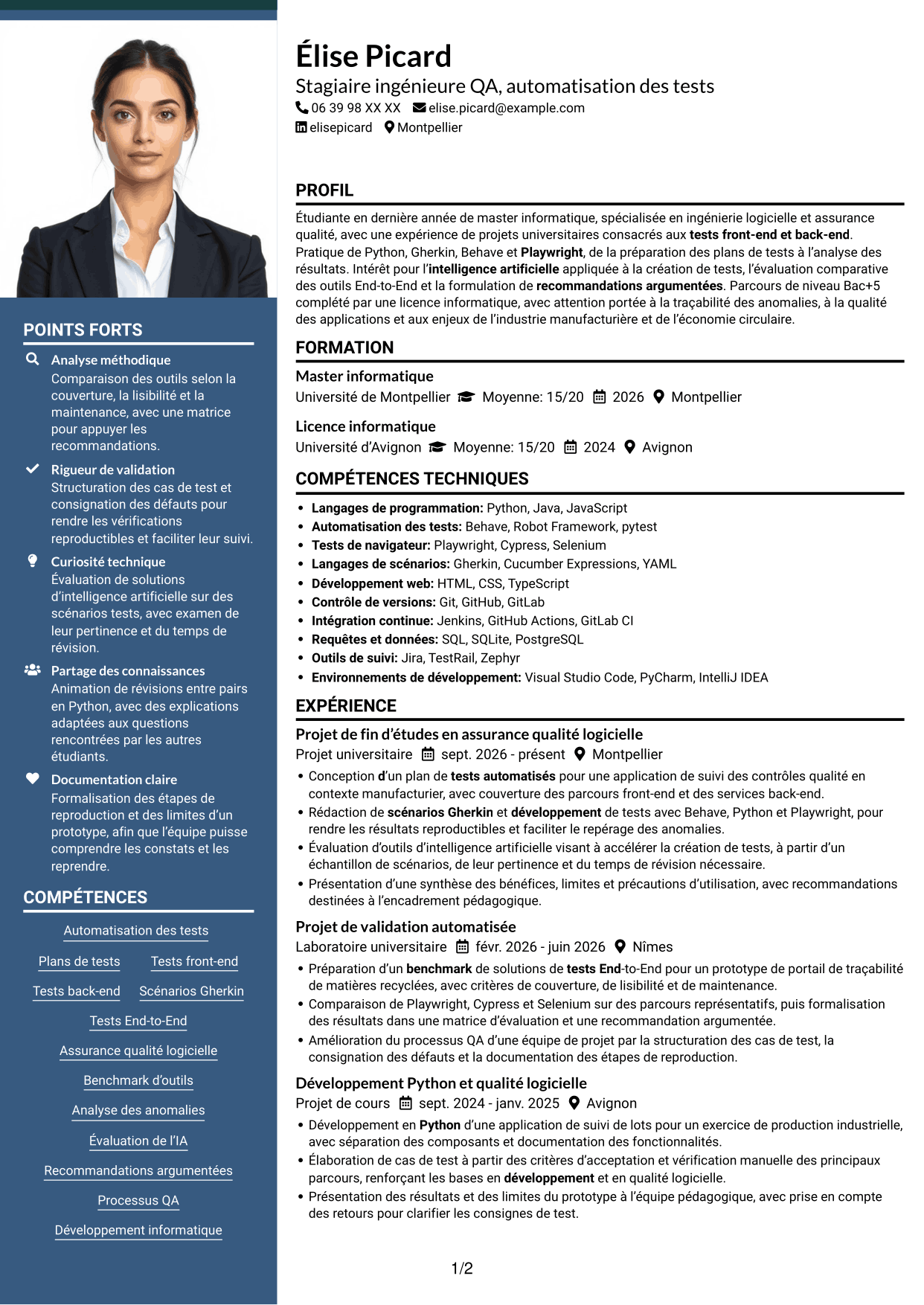 CV Signature (format à colonne latérale colorée avec grande photo) : Stagiaire ingénieure QA - Automatisation des tests, page 1