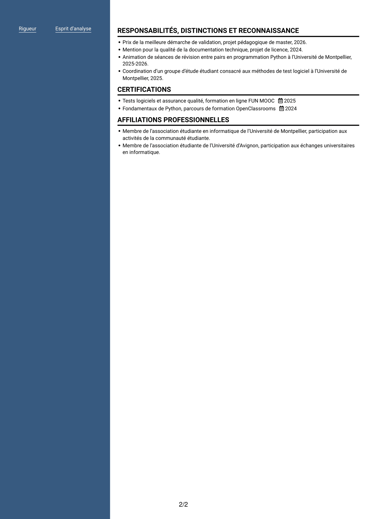 CV Signature (format à colonne latérale colorée avec grande photo) : Stagiaire ingénieure QA - Automatisation des tests, page 2