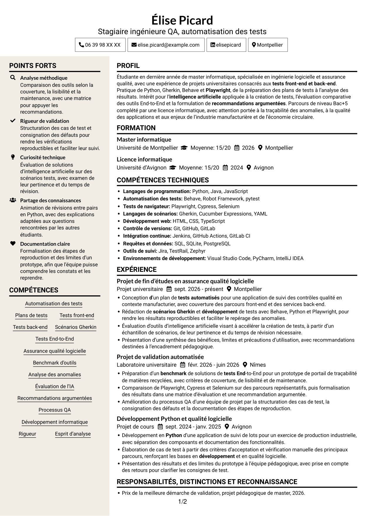 CV Fonceur (format à deux colonnes avec en-tête centré sans photo) : Stagiaire ingénieure QA - Automatisation des tests, page 1
