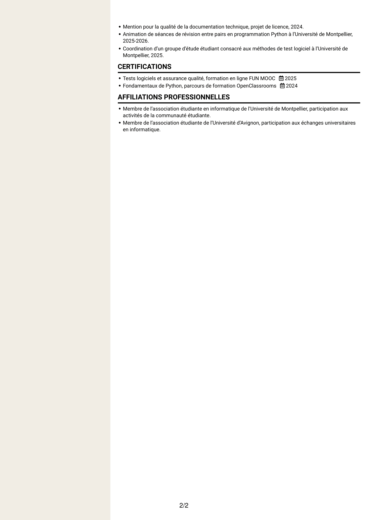 CV Fonceur (format à deux colonnes avec en-tête centré sans photo) : Stagiaire ingénieure QA - Automatisation des tests, page 2