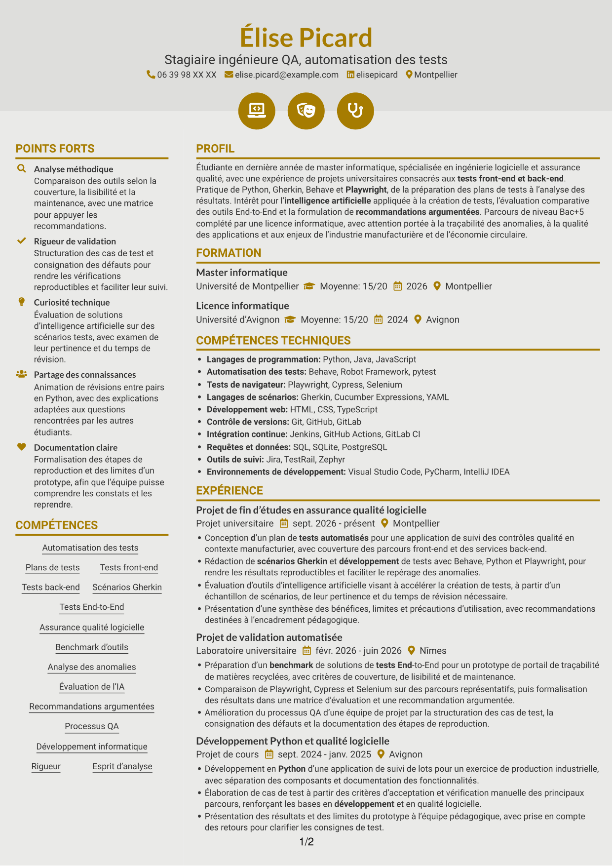 CV Dynamique (format à deux colonnes avec icônes) : Stagiaire ingénieure QA - Automatisation des tests, page 1