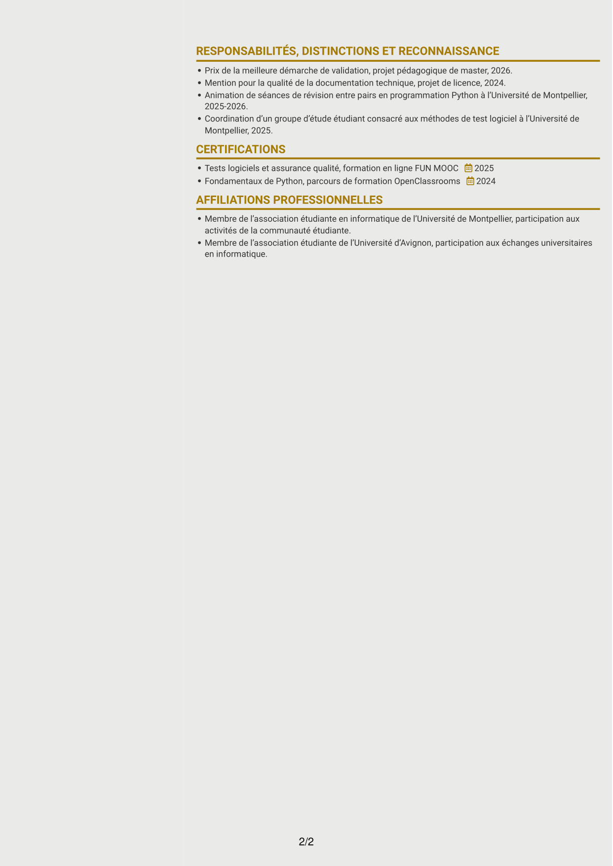 CV Dynamique (format à deux colonnes avec icônes) : Stagiaire ingénieure QA - Automatisation des tests, page 2
