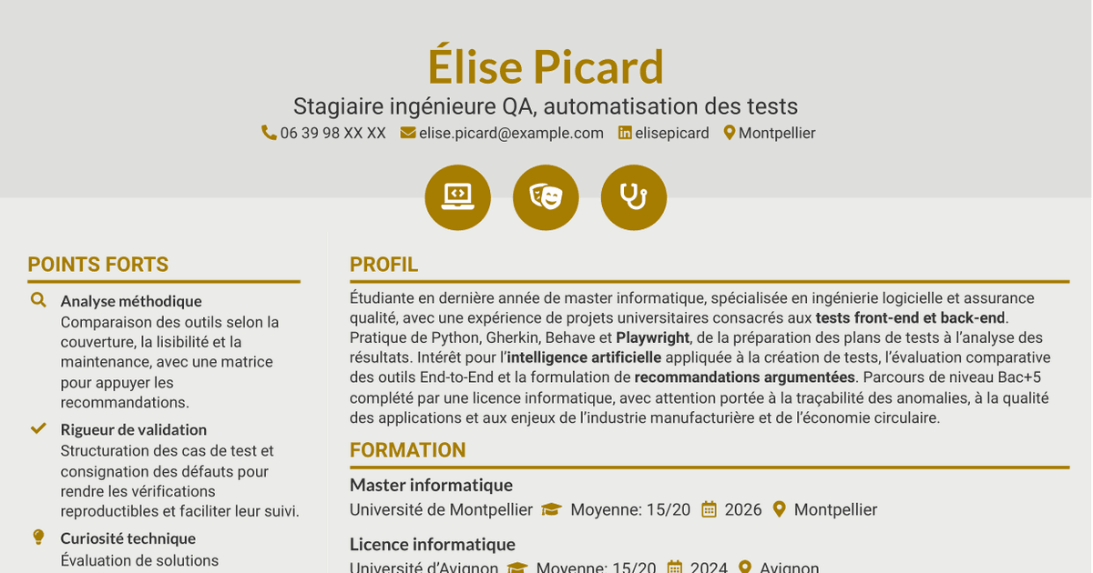 7 modèles de CV pour Stagiaire ingénieure QA - Automatisation des tests, avec exemples