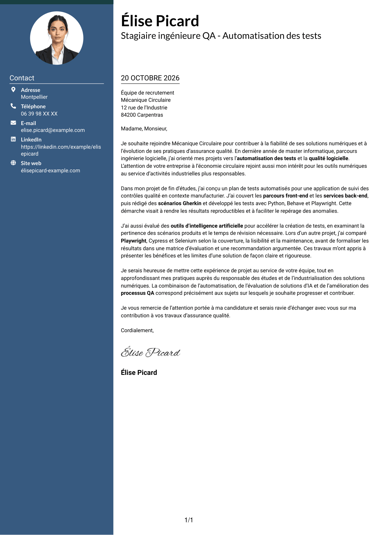 Lettre de motivation Élégant (format à colonne latérale colorée avec photo) : Stagiaire ingénieure QA - Automatisation des tests, page 1
