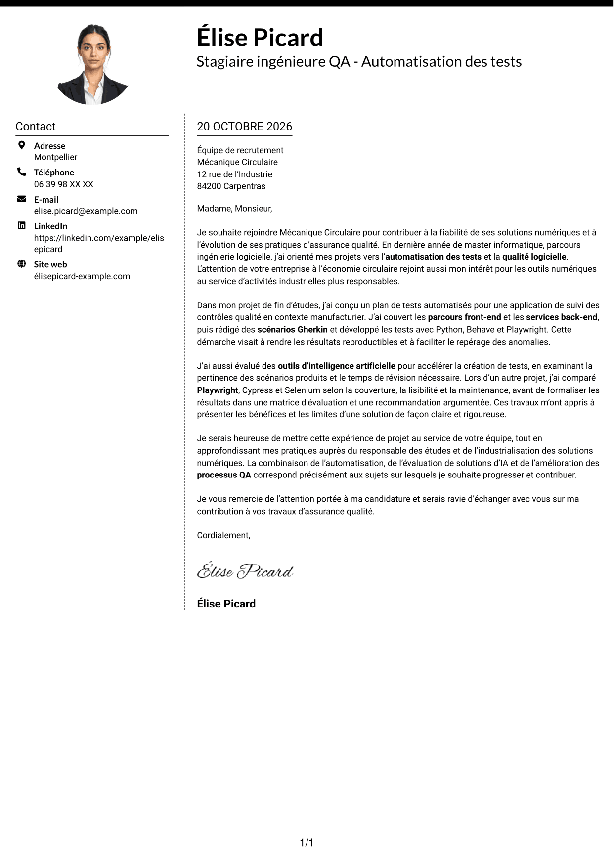 Lettre de motivation Moderne (format à deux colonnes avec photo à gauche et séparateur) : Stagiaire ingénieure QA - Automatisation des tests, page 1
