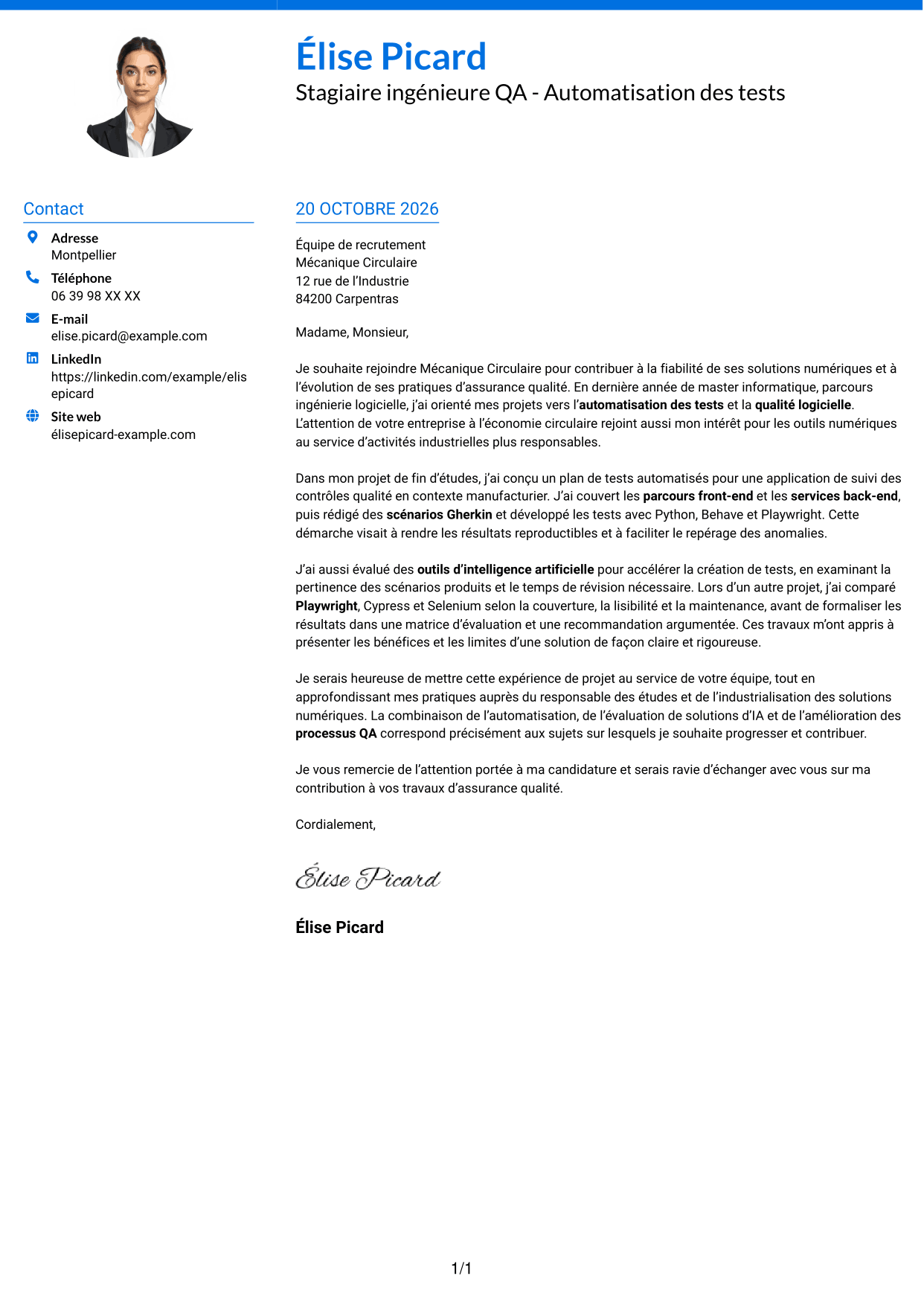 Lettre de motivation Audacieux (format à deux colonnes avec accents colorés et photo) : Stagiaire ingénieure QA - Automatisation des tests, page 1