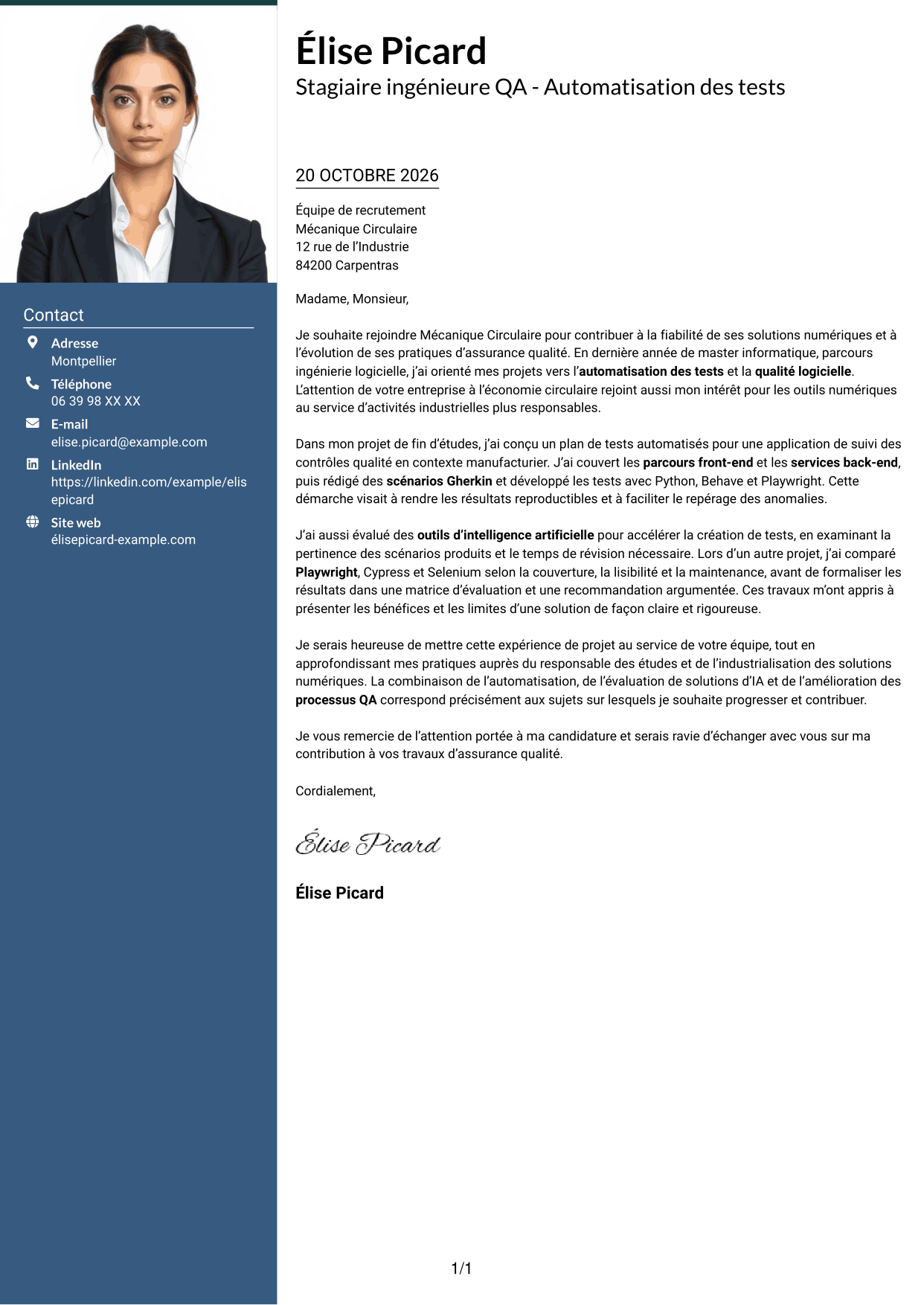 Lettre de motivation Signature (format à colonne latérale colorée avec grande photo) : Stagiaire ingénieure QA - Automatisation des tests, page 1