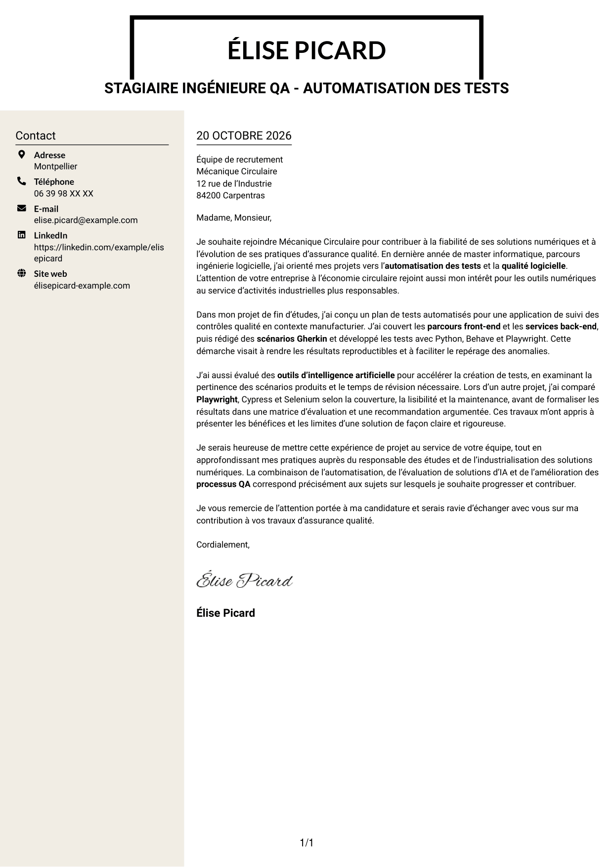 Lettre de motivation Fonceur (format à deux colonnes avec en-tête centré sans photo) : Stagiaire ingénieure QA - Automatisation des tests, page 1