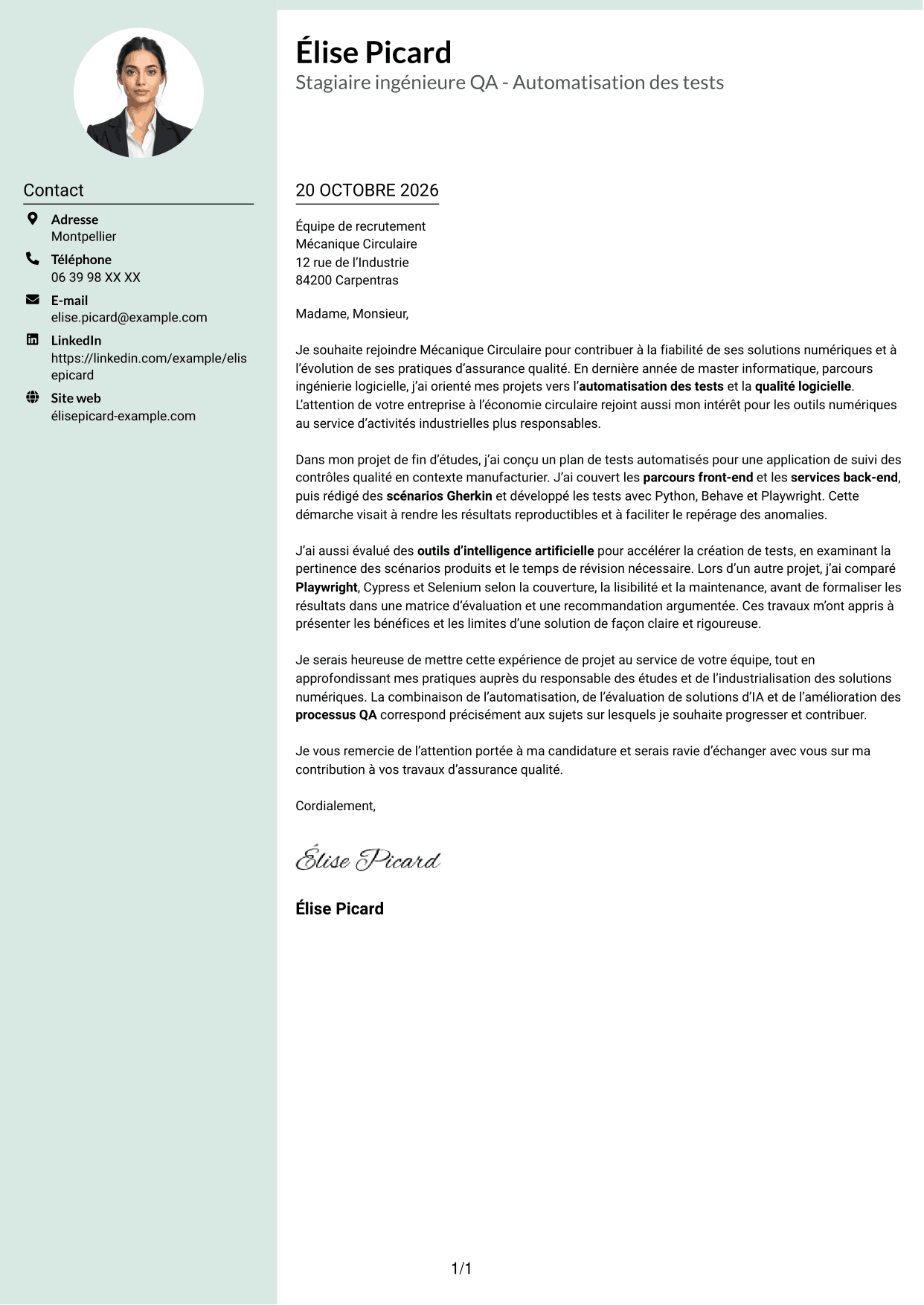 Lettre de motivation Cadre (format à colonne latérale douce avec photo arrondie) : Stagiaire ingénieure QA - Automatisation des tests, page 1