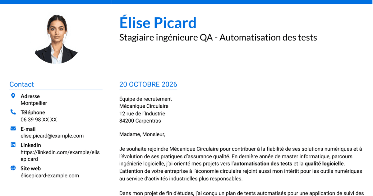 7 modèles de lettre de motivation pour Stagiaire ingénieure QA - Automatisation des tests, avec exemples