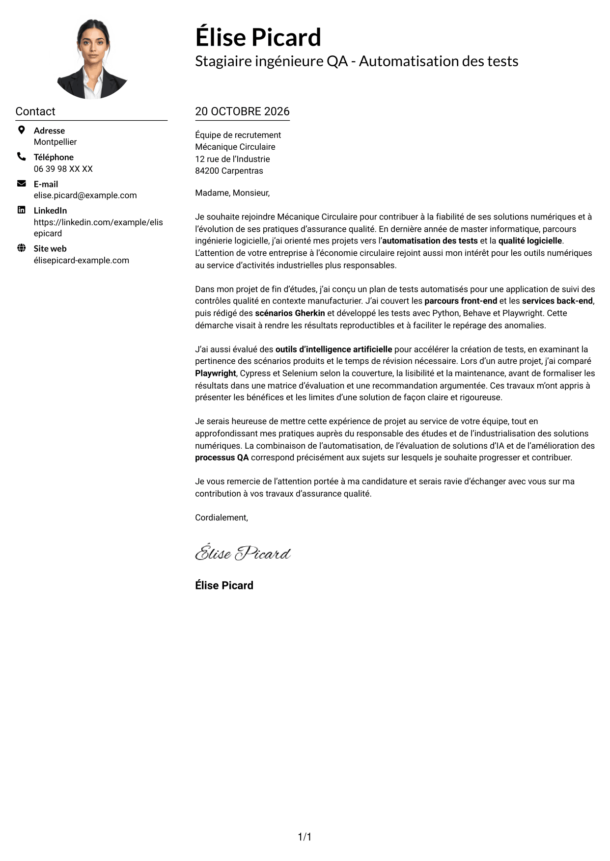 Exemple de lettre de motivation — page 1