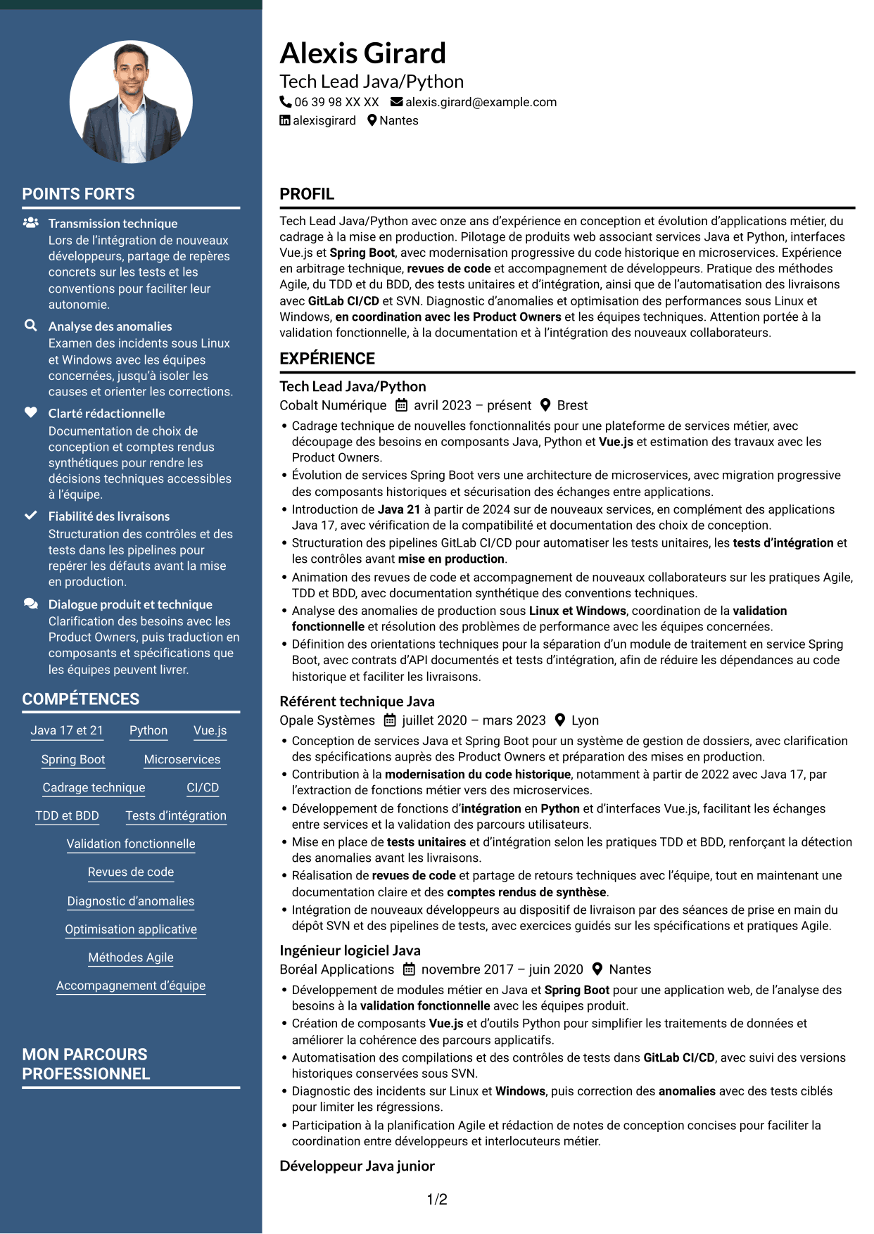 CV Élégant (format à colonne latérale colorée avec photo) : Tech Lead Java/Python, page 1
