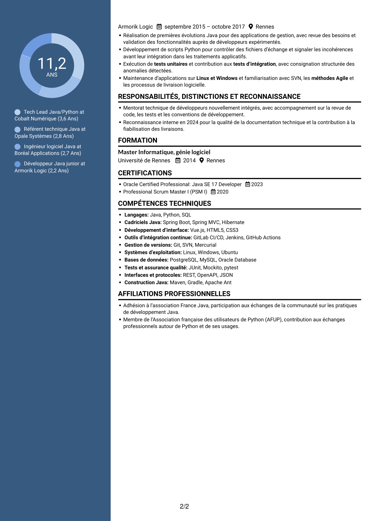 CV Élégant (format à colonne latérale colorée avec photo) : Tech Lead Java/Python, page 2