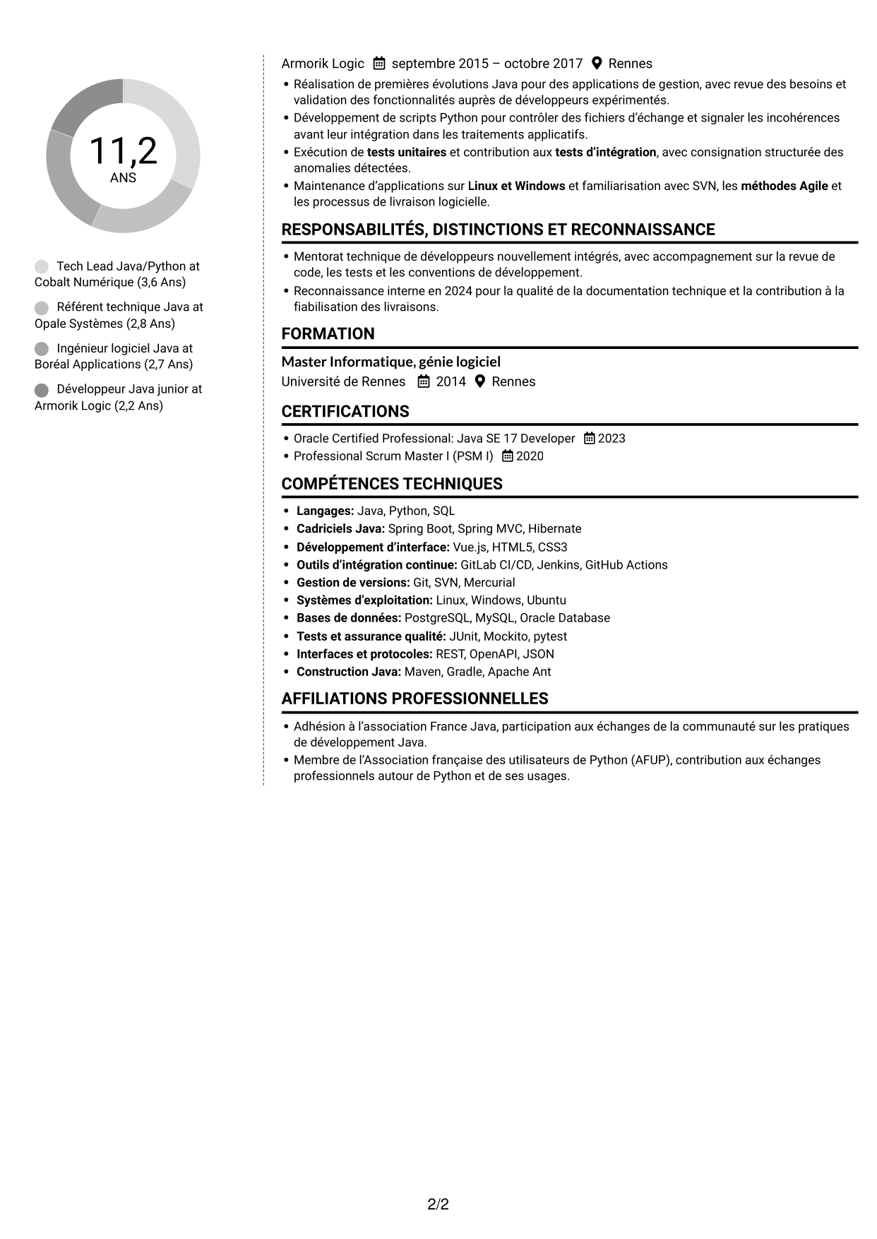 CV Moderne (format à deux colonnes avec photo à gauche et séparateur) : Tech Lead Java/Python, page 2
