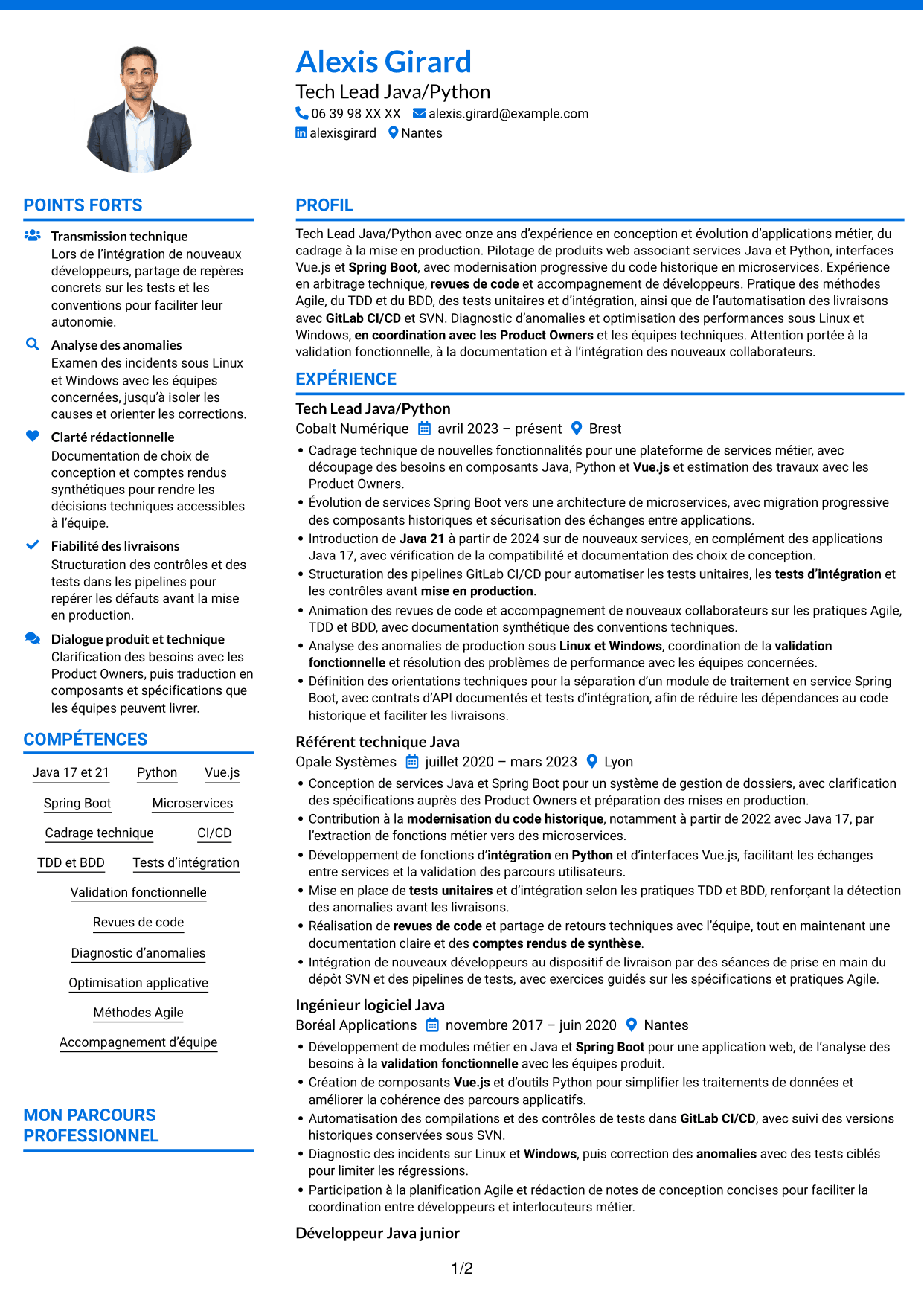 CV Audacieux (format à deux colonnes avec accents colorés et photo) : Tech Lead Java/Python, page 1