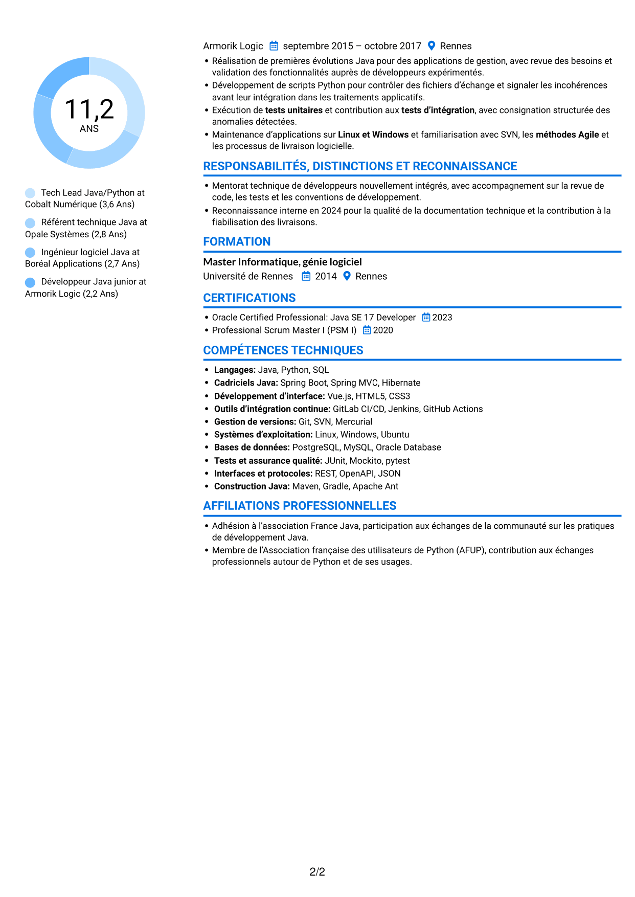 CV Audacieux (format à deux colonnes avec accents colorés et photo) : Tech Lead Java/Python, page 2
