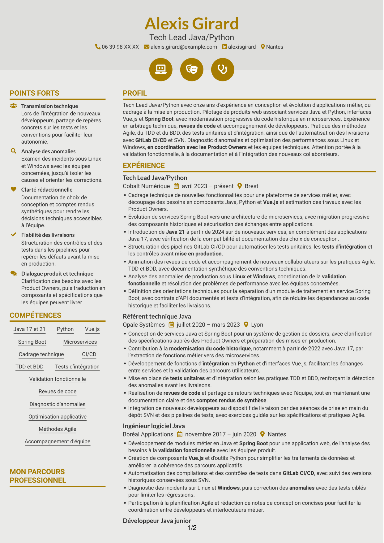 CV Dynamique (format à deux colonnes avec icônes) : Tech Lead Java/Python, page 1