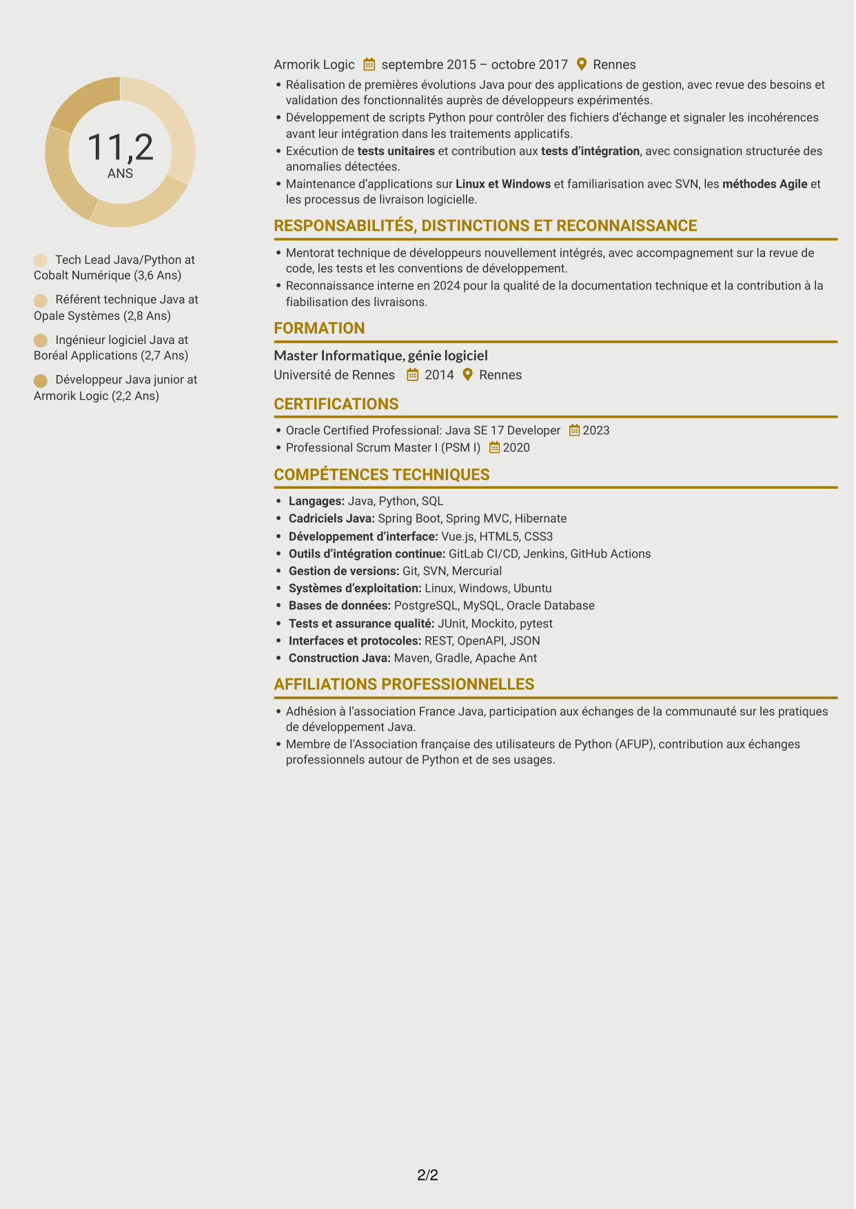 CV Dynamique (format à deux colonnes avec icônes) : Tech Lead Java/Python, page 2