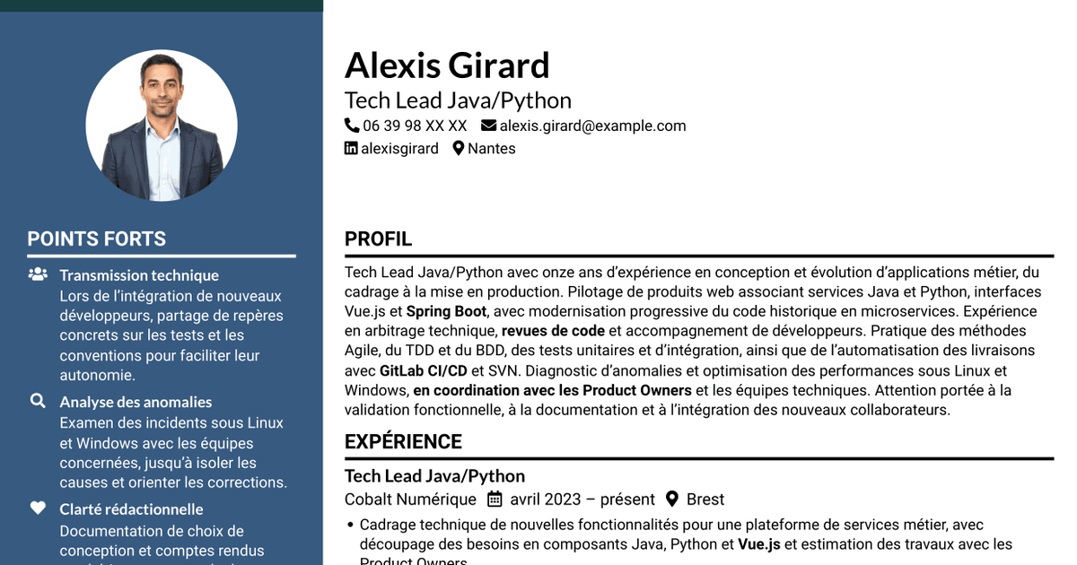 7 modèles de CV pour Tech Lead Java/Python, avec exemples