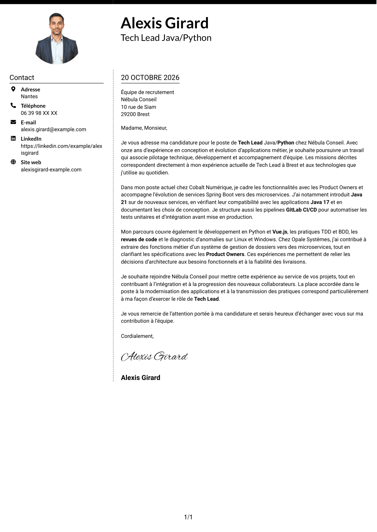Lettre de motivation Moderne (format à deux colonnes avec photo à gauche et séparateur) : Tech Lead Java/Python, page 1