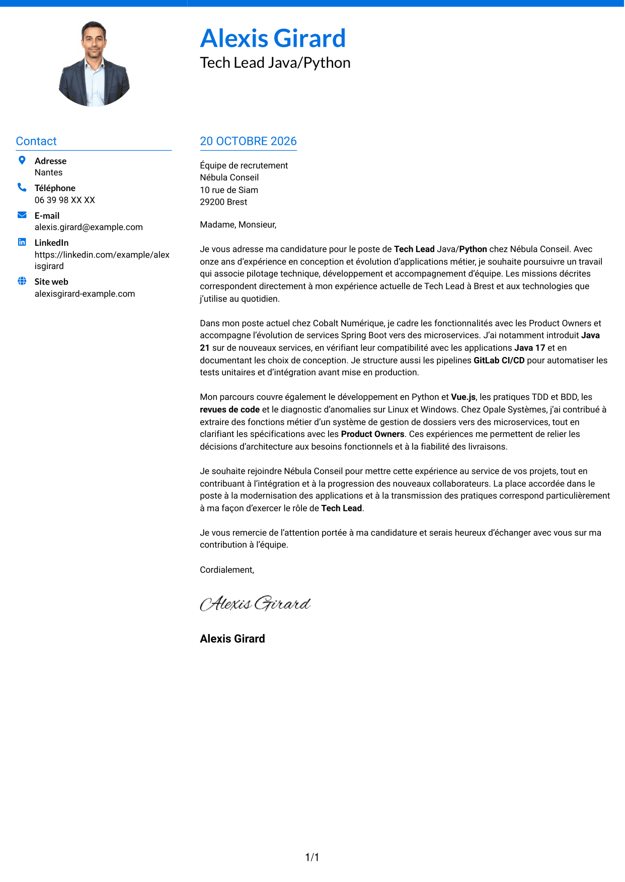 Lettre de motivation Audacieux (format à deux colonnes avec accents colorés et photo) : Tech Lead Java/Python, page 1
