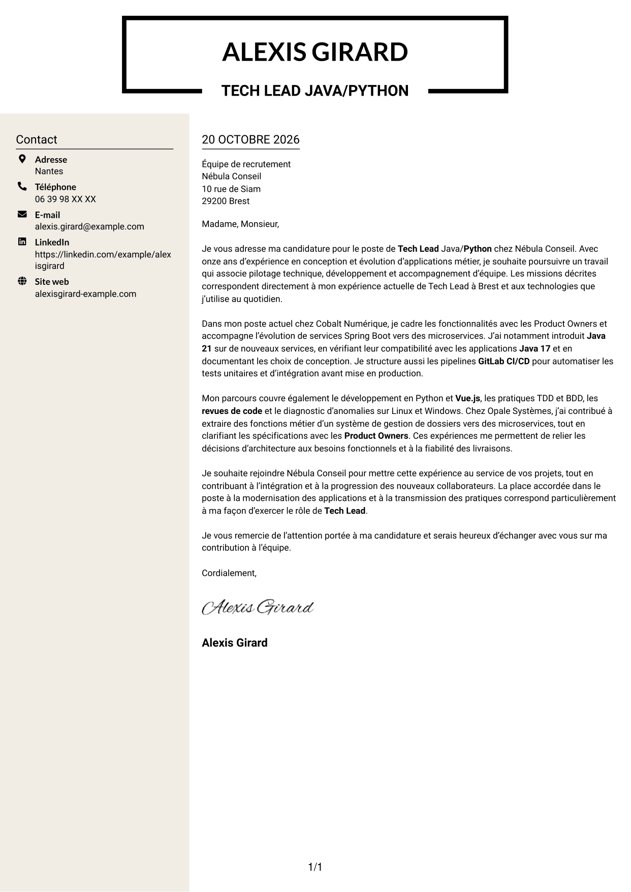 Lettre de motivation Fonceur (format à deux colonnes avec en-tête centré sans photo) : Tech Lead Java/Python, page 1