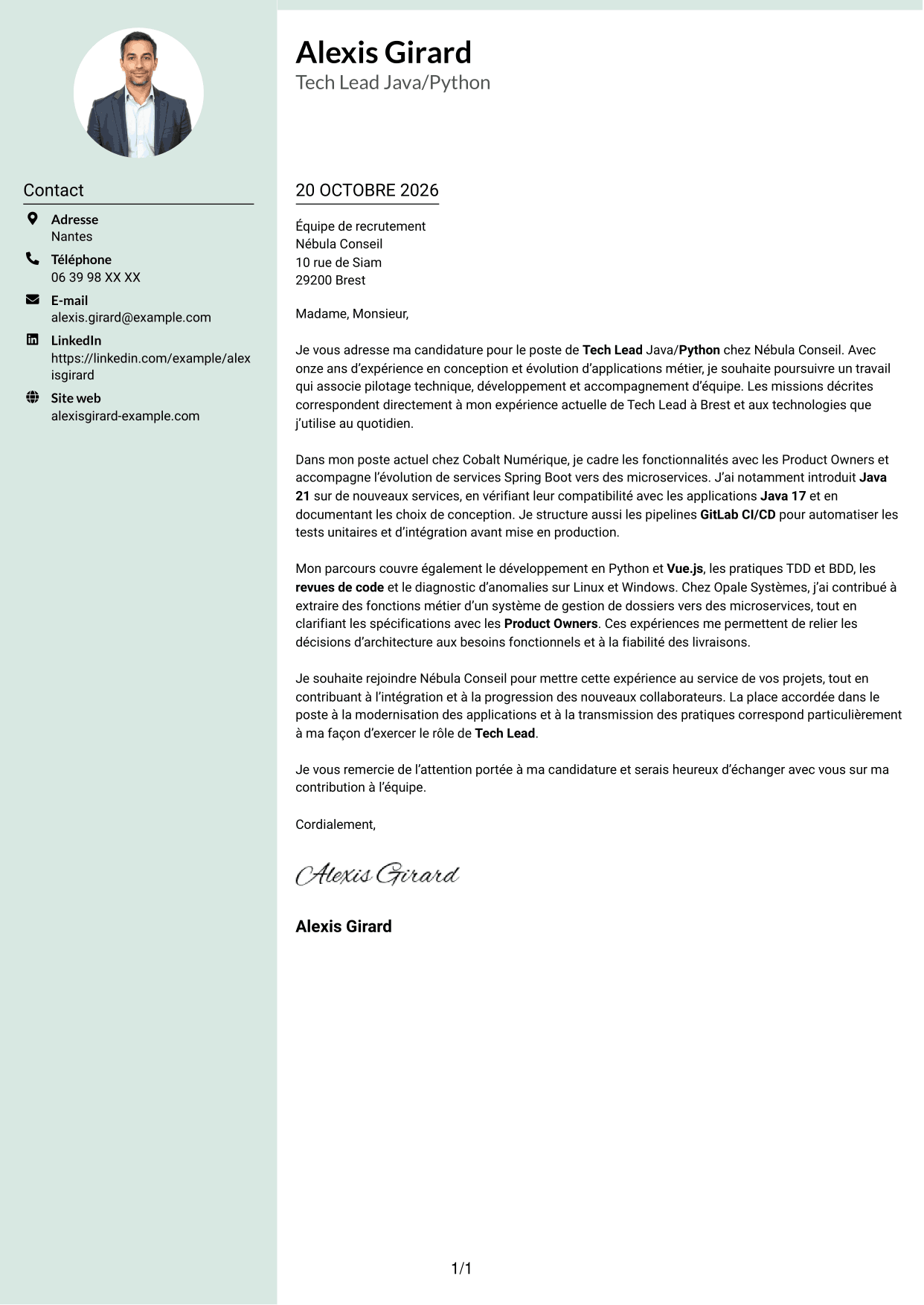 Lettre de motivation Cadre (format à colonne latérale douce avec photo arrondie) : Tech Lead Java/Python, page 1
