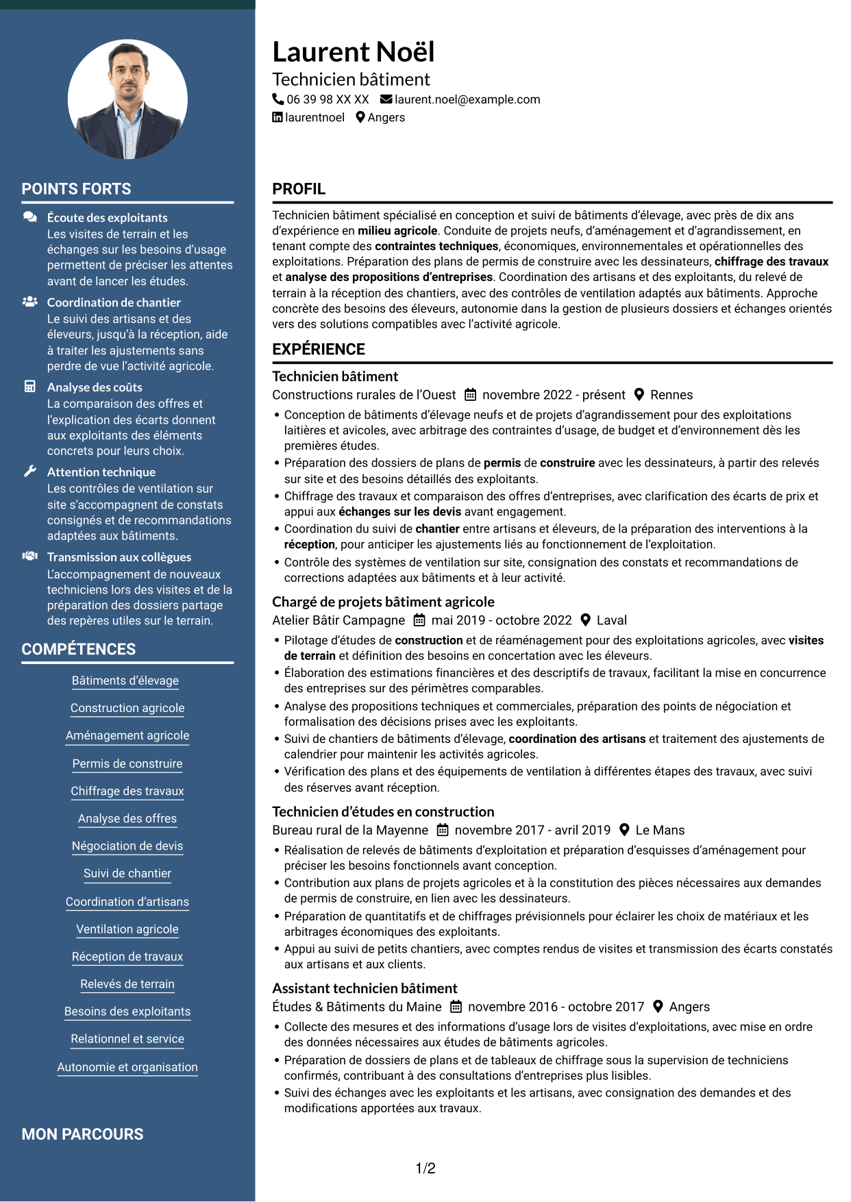 CV Élégant (format à colonne latérale colorée avec photo) : Technicien bâtiment - Bâtiments d’élevage, page 1