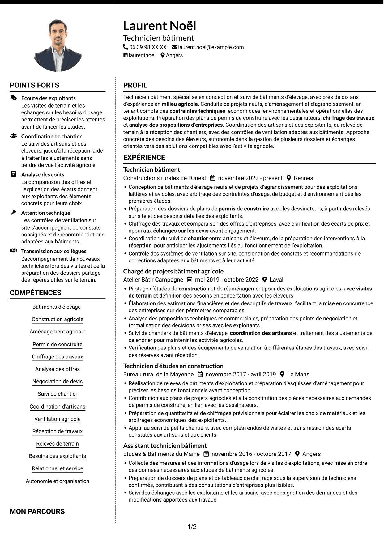 CV Moderne (format à deux colonnes avec photo à gauche et séparateur) : Technicien bâtiment - Bâtiments d’élevage, page 1