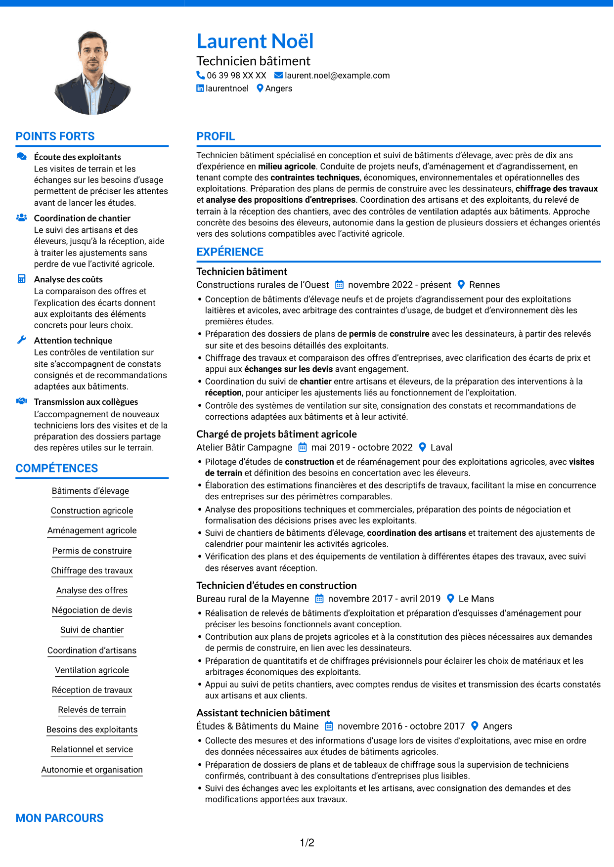CV Audacieux (format à deux colonnes avec accents colorés et photo) : Technicien bâtiment - Bâtiments d’élevage, page 1